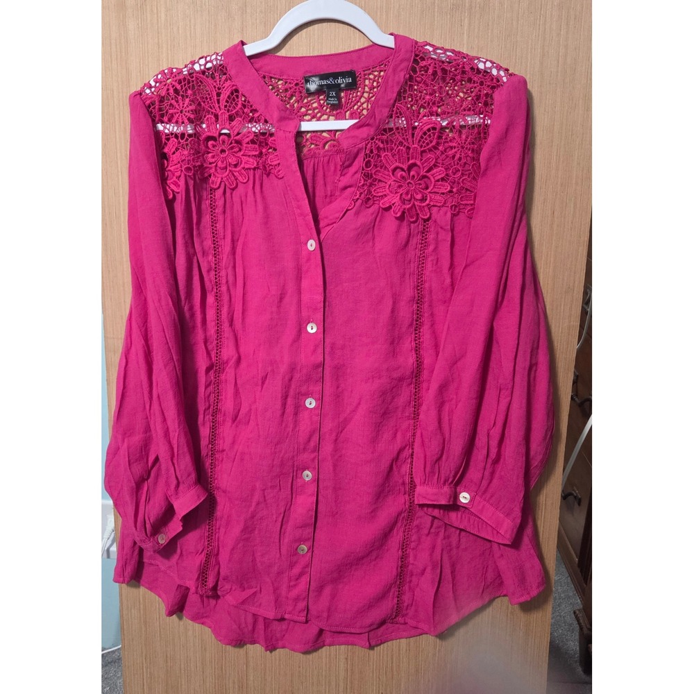 Thomas & Olivia Women's‎ Pink Lace Yoke 3/4 Sleeve Button Up Blouse Plus Size 2X